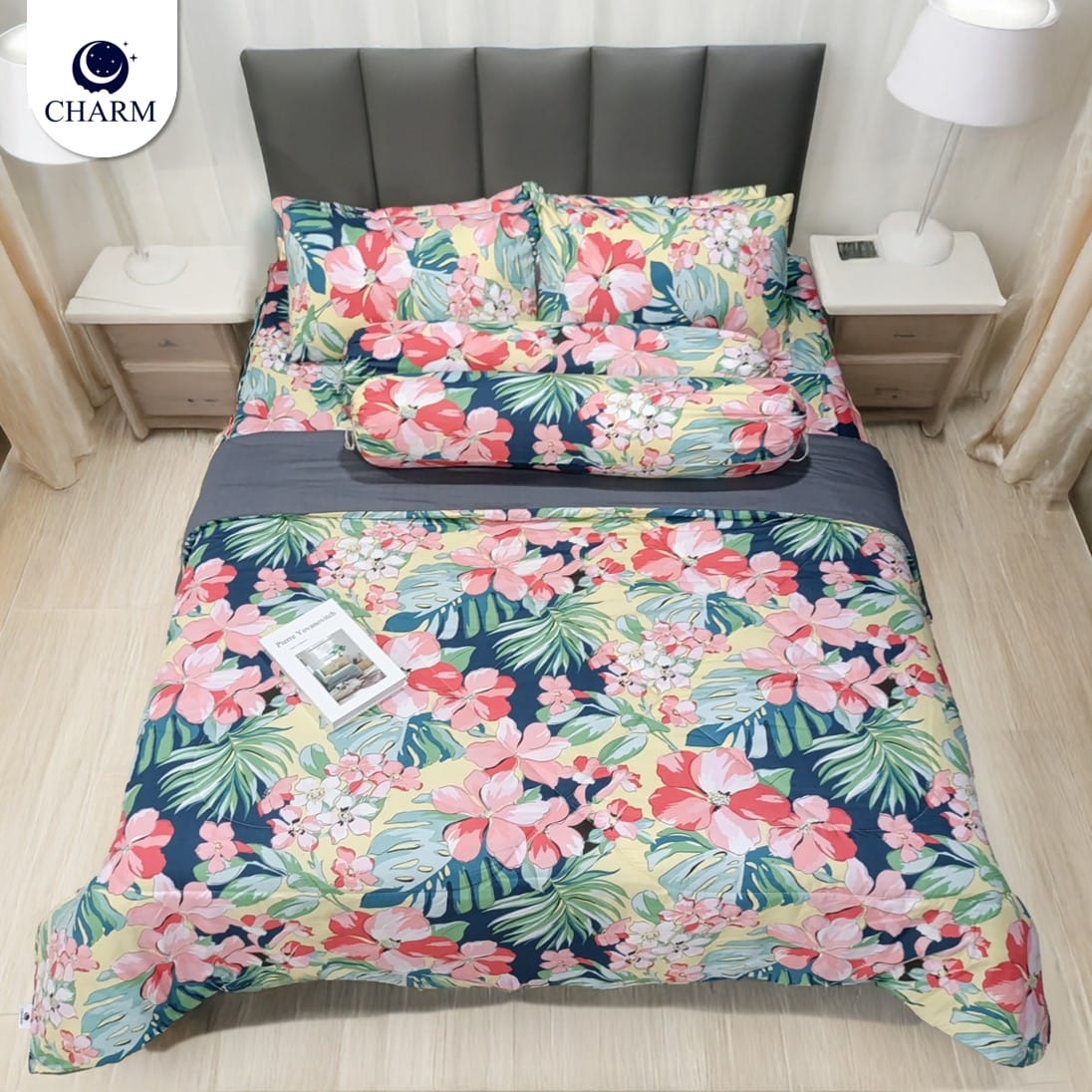 ชุดผ้าปูที่นอน 6 ฟุต 11 ชิ้น CHARM TWO-TONE สีเทา + ชุดผ้าปูที่นอนลายดอกไม้ FLORAL (2 ชุด)_6